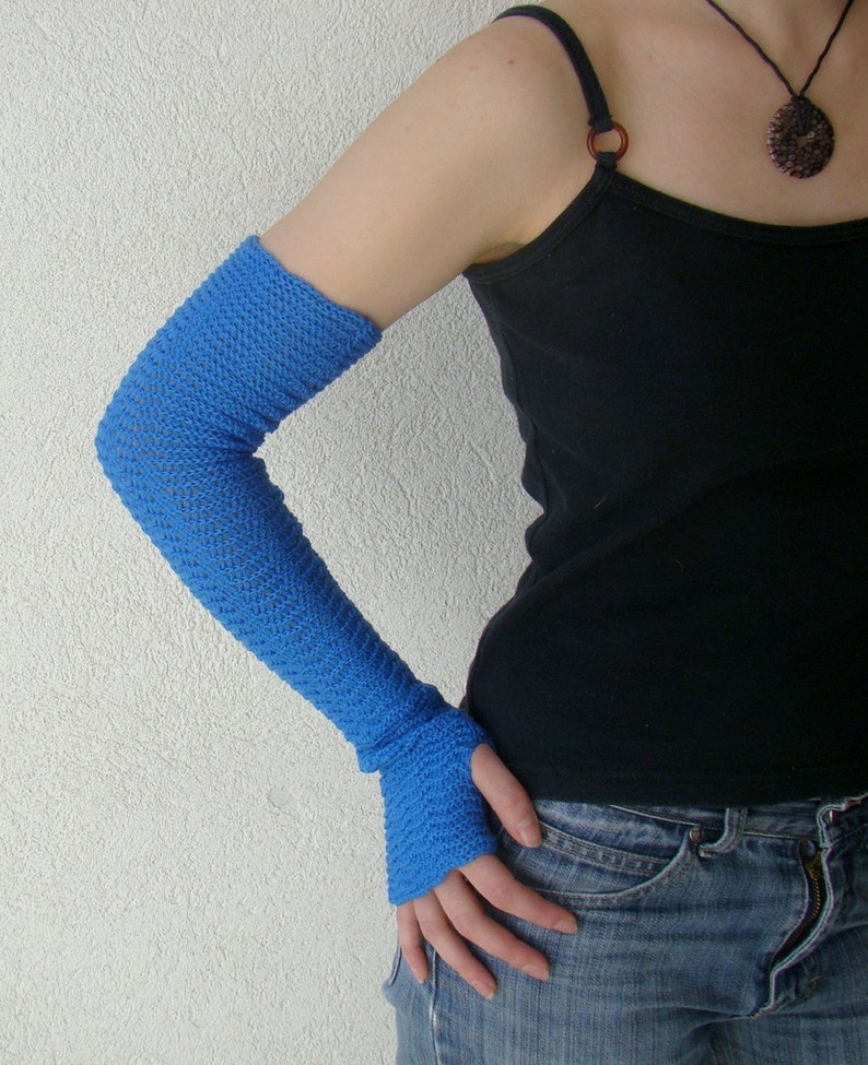 Blue arm warmers zigzag style pure merino Mittens Fingerless Gloves mitaines armstulpen chevron wrist warmers image 1