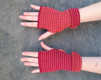 Arm Warmers Fingerless Gloves Fuchsia and Orange Mittens Merino Wool Striped Gloves Mitaines en Laine Merinowolle Armstulpen