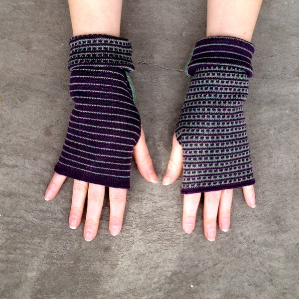 Arm Warmers Merino Mittens Striped Two-Sided Fingerless Gloves Unisex Muliticolor Purple and Green Women's Gloves