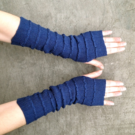 Blue Merino Wool Arm Warmers, Fingerless Gloves