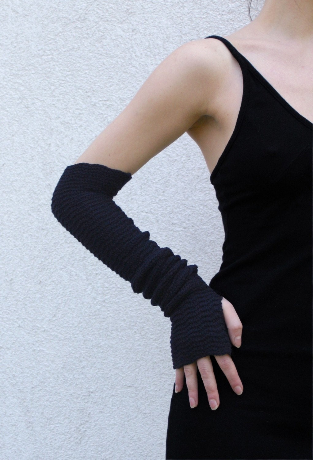 Navy Blue Arm Warmers Long Merino Mittens Fingerless Gloves Mitaines