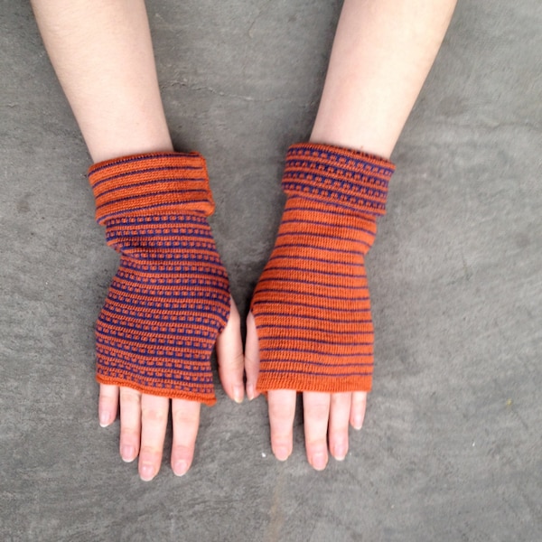 Arm Warmers Fingerless Gloves Orange and Blue Mittens Merino Wool Striped Gloves Mitaines en Laine Merinowolle Armstulpen