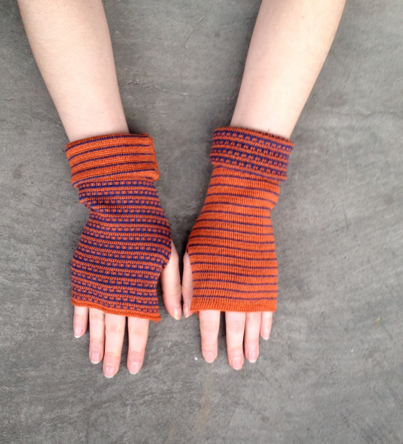 Arm Warmers Fingerless Gloves Orange and Blue Mittens Merino Etsy