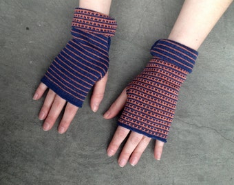 Armstulpen, fingerlose Handschuhe, zweiseitige Merino-Fäustlinge, blaue und hellorangefarbene Mitaines