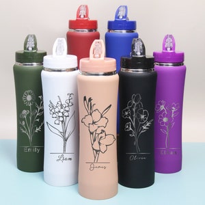 Botellas de agua talladas personalizadas, botellas de agua con flores de nacimiento, regalos para damas de honor, botellas de agua personalizadas, vasos para damas de honor, regalos de fiesta