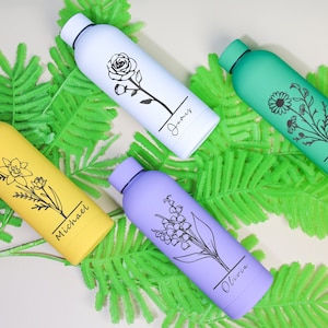 Botella de agua personalizada con flor de nacimiento, botella de agua grabada personalizada, vaso térmico con flor del mes de nacimiento, vaso de acero inoxidable con nombre