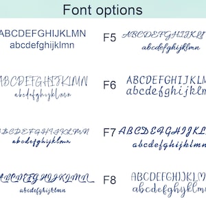 May include: Image displaying eight font options labeled F1 through F8. Each option shows the uppercase and lowercase letters of the alphabet in a different style. The text "Font options" is at the top.