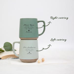 May include: Two stacked ceramic mugs. The top mug is teal with a brown base and a curved handle. It has the text "Miss Rose, THANK YOU FOR HELPING ME GROW, Jessica." The bottom mug is light blue with a brown base and the text "Mr. Anderson, THANK YOU FOR HELPING ME GROW, Miles."