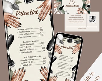 Elegante modello di listino prezzi e biglietto da visita per salone di bellezza, download digitale Canva modificabile per nail art per tecnici delle unghie