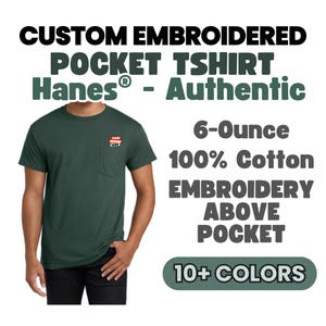 Hanes® Pocket Custom Embroidered Shirt, Custom Text Logo T-Shirts, Personalized Pocket Tshirt Unisex Logo Shirt, Embroidery Above Pocket