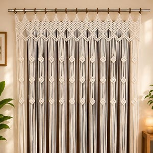 May include: An off-white macrame curtain featuring a complex chevron-patterned header and long, vertical fringe strands accented with small, repeating diamond-shaped knots. The curtain is suspended from a silver metal rod with dark brown rings.