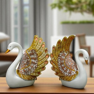 Elegant White and Gold Swan Figurines, Luxury Decorative Swan Pair, Ornate Home Decor Accent