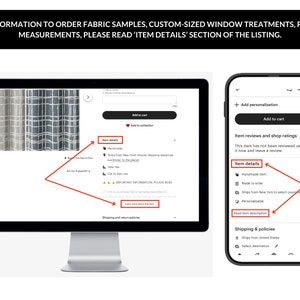 May include: A close-up of a computer screen and a mobile phone displaying a product listing for custom-sized window treatments. The listing includes details about the product, such as the fact that it is handmade and ships from New York. The listing also includes a section for customer reviews and shop ratings.