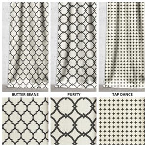 May include: Three different fabric swatches with geometric patterns. The first swatch is called "Butter Beans" and features a white background with a black geometric pattern. The second swatch is called "Purity" and features a white background with a black geometric pattern. The third swatch is called "Tap Dance" and features a white background with a black geometric pattern.