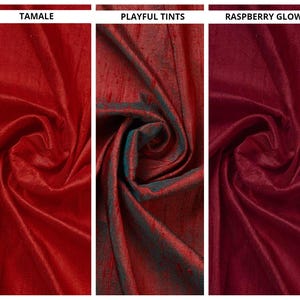 May include: Three fabric swatches in different shades of red. The swatches are labelled "Tamale", "Playful Tints", and "Raspberry Glow".