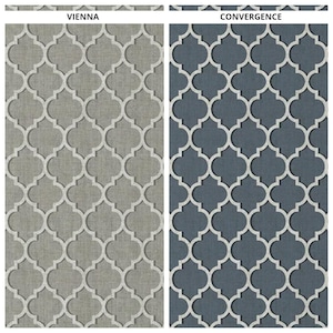 May include: Two fabric swatches with a geometric pattern. The swatch on the left is a light gray with a white pattern. The swatch on the right is a dark blue with a white pattern. The text "VIENNA" is above the left swatch and the text "CONVERGENCE" is above the right swatch.
