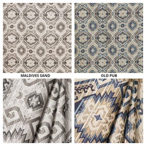 May include: Four fabric swatches with different geometric patterns. The top left swatch is a light brown with a dark brown geometric pattern. The top right swatch is a light blue with a dark blue geometric pattern. The bottom left swatch is a light gray with a dark gray geometric pattern. The bottom right swatch is a light beige with a dark blue and gold geometric pattern. The swatches are labeled "Maldives Sand", "Old Pub", "Maldives Sand", and "Old Pub".