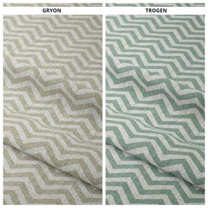 Könnte beinhalten: Zwei Stoffmuster mit einem Zickzackmuster. Das Muster links ist hellbeige mit einem dunkelbeigen Zickzackmuster. Das Muster rechts ist hellgrün mit einem dunkelgrünen Zickzackmuster. Die Muster sind mit "Gryon" und "Trogen" beschriftet.