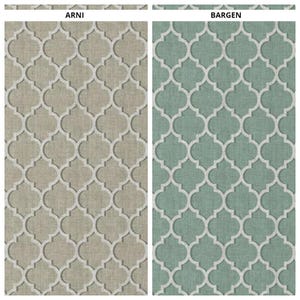 May include: Two fabric samples with a geometric pattern. The sample on the left is a light beige with a white pattern. The sample on the right is a light blue with a white pattern. The text "ARNI" is above the left sample and the text "BARGEN" is above the right sample.