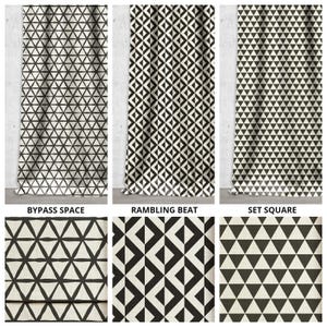 May include: Three different black and white geometric patterns on fabric. The patterns are called "Bypass Space", "Rambling Beat", and "Set Square".
