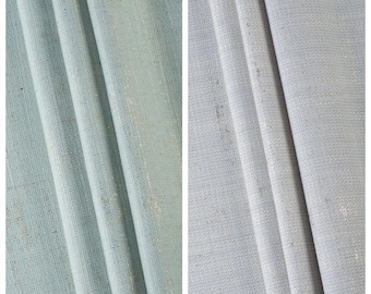 Metallic Gold Accented Linen Blend Fabric by Yard for Window Treatments, Covers, Cushions/ Pillows & Home Decor. Gray/ Aqua Blue
