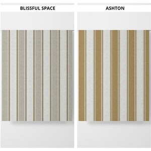 Può includere: Due campioni di tessuto con un motivo a righe. Il campione a sinistra è etichettato "Blissful Space" e presenta un motivo a righe grigio chiaro e bianco. Il campione a destra è etichettato "Ashton" e presenta un motivo a righe marrone e bianco.
