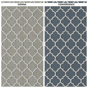 May include: Two fabric swatches with a geometric pattern. The swatch on the left is a light gray with a white pattern. The swatch on the right is a dark blue with a white pattern. The text "VIENNA" is above the left swatch and the text "CONVERGENCE" is above the right swatch.
