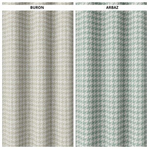 Könnte beinhalten: Zwei Stoffmuster mit einem Hahnentrittmuster. Das Muster links ist hellbeige mit einem braunen Hahnentrittmuster. Das Muster rechts ist hellgrün mit einem weißen Hahnentrittmuster. Die Muster sind mit "BURON" und "ARBAZ" beschriftet.