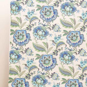 May include: Floral fabric with a repeating pattern of large blue and green flowers and leaves on a cream background. The word "VIKING" is printed at the top. The design is reminiscent of vintage wallpaper or fabric.