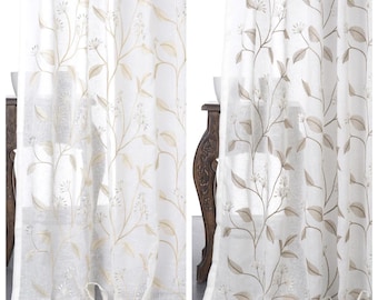 Blombroderat, transparent tyg, metervara för ljusfiltrerande gardiner, romerska gardiner, persienner, kappor och heminredning. Vit/Beige/Brun