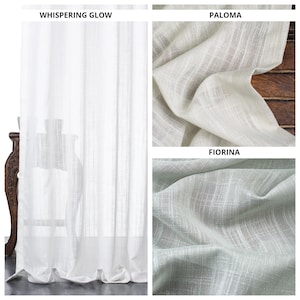 May include: Close-up of three different sheer curtain fabrics: "Whispering Glow", "Paloma", and "Fiorina". The fabrics are white, off-white, and light green.