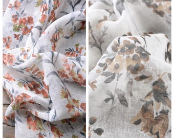 Floral Print Sheer Fabric by Yard for Light Filtering Window Treatments, Table Runners & Home Decor. White/ Orange/ Beige/ Brown