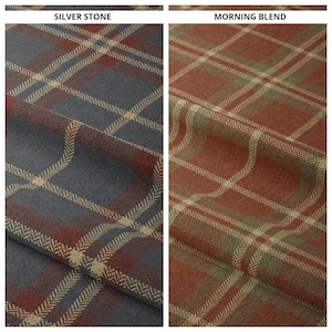 May include: Two fabric swatches with plaid patterns. The swatch on the left is a dark gray with red and cream plaid. The swatch on the right is a red with green and cream plaid. The text "SILVER STONE" is above the left swatch and "MORNING BLEND" is above the right swatch.