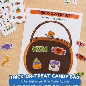 Op de afbeelding: Een Trick-or-Treat snoepzak-activiteitenblad met een illustratie van een grote bruine pompoenemmer, een klein skelet en diverse snoepjes. Inclusief uitdagingskaarten met cijfers en snoeppictogrammen, plus tekstlabels voor het spel.