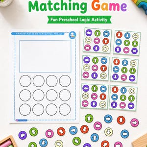 May include: A colorful preschool matching game with the text "Arrow Pattern Matching Game". The game includes a puzzle board, matching cards, and individual arrow pattern pieces in various colors. The game is designed for fun preschool logic activities.