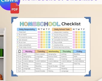 Homeschool Planner Printable | Kids Daily Checklist & Chore Chart | Editable School Schedule | Preschool Homeschool Templates