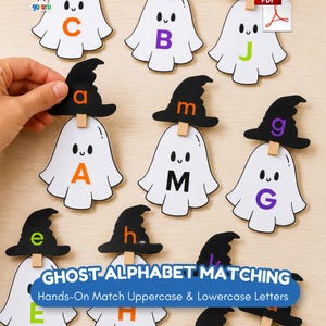 Könnte beinhalten: Ein Set aus geisterförmigen Papierausstanzungen mit Großbuchstaben auf den Körpern und Kleinbuchstaben auf schwarzen Hexenhüten, befestigt mit hölzernen Wäscheklammern. Der Text lautet GHOST ALPHABET MATCHING Hands-On Match Uppercase & Lowercase Letters.