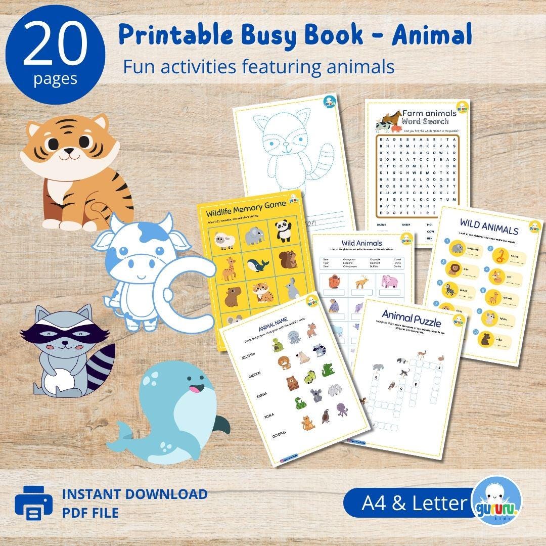 Animal Printable Busy Book for Toddlers, Toddler Learning Binder ...