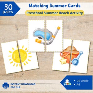 Preschool Summer Matching Game | Montessori Beach Activity for Toddlers | Homeschool Summer Printable | Fun Summer Themed Game PDF A4 Letter
