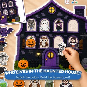 Puede incluir: Un set de manualidades de papel con una casa encantada de color morado oscuro y negro con ventanas arqueadas y una puerta morada. Incluye varios personajes recortables como un fantasma, un hombre lobo, un búho y un esqueleto.
