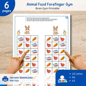 Könnte beinhalten: Ein druckbares Arbeitsblatt "Animal Food Forefinger Gym" mit blauem Rand. Das Arbeitsblatt enthält ein Raster mit Bildern von Karotten, Fisch und Fleisch sowie Anweisungen und den Text "Brain Gym Printable". Das Bild enthält auch den Text "Sofort-Download PDF-Datei".