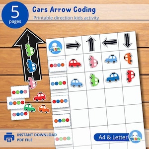 May include: A printable coding activity for kids featuring a grid with arrows and colorful cars. The activity is designed to help children learn about coding and direction. The text "Cars Arrow Coding" and "Printable direction kids activity" is included in the image.