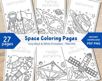 May include: A set of 27 space-themed colouring pages. Each page features a different space-related image, including an astronaut, falling asteroid, Saturn, UFO spaceship, radar satellite, and space satellite. The pages are black and white line drawings.