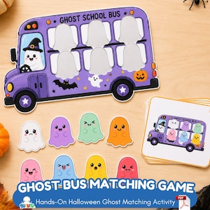 May include: A purple school bus game board labeled GHOST SCHOOL BUS with six ghost-shaped cutouts, accompanied by eight colorful ghost tokens in various expressions and a stack of matching cards featuring the same bus design.