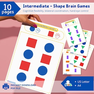 May include: A hand holds a white sheet with red squares and blue circles, part of an "Intermediate - Shape Brain Games" set. The set includes multiple cards with colored shapes. The text reads "10 pages" and "Instant Download PDF File".