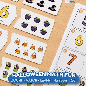 May include: A set of educational printable cards featuring Halloween-themed illustrations for counting practice. The cards display numbers, witch hats, cauldrons, candy corn, and cupcakes. A blue banner reads HALLOWEEN MATH FUN COUNT MATCH LEARN Numbers 1-20.