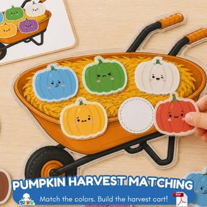 Puede incluir: Un juego educativo Pumpkin Harvest Matching que muestra una carretilla naranja con paja amarilla. Incluye recortes de calabazas de colores azul, verde, blanco, naranja y rojo con caras, además de una tarjeta de juego y un icono de PDF.