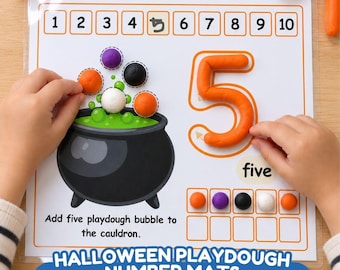 May include: A laminated educational activity mat featuring the number 5, a black cauldron illustration, and the text Add five playdough bubble to the cauldron. The mat includes a number line from 1 to 10 and a ten-frame grid for counting playdough balls.