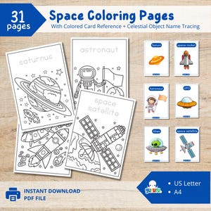 31 pages à colorier de l'espace + carte colorée BONUS | Téléchargement instantané du PDF | Imitations amusantes de fusée, de planètes, d'astronautes et d'étoiles dans l'espace pour les enfants