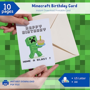 Carte Minecraft, carte d'anniversaire creeper, carte d'anniversaire minecraft, carte d'anniversaire de garçon, carte d'anniversaire imprimable Gamer A4 US Letter PDF